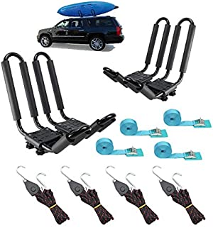 2 Pairs Heavy Duty Kayak Rack-Includes 4 Pcs Ratchet Tie-Mount on Car Roof Top Crossbar-Easy to Carry Kayak Canoe Boat Surf Ski (J-Bar Rack)