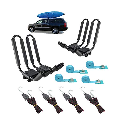 2 Pairs Heavy Duty Kayak Rack-Includes 4 Pcs Ratchet Tie-Mount on Car Roof Top Crossbar-Easy to Carry Kayak Canoe Boat Surf Ski (J-Bar Rack)