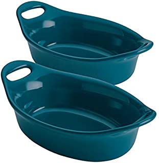 Rachael Ray Solid Glaze Ceramics Au Gratin Bakeware / Baker Set, Oval - 2 Piece, Teal