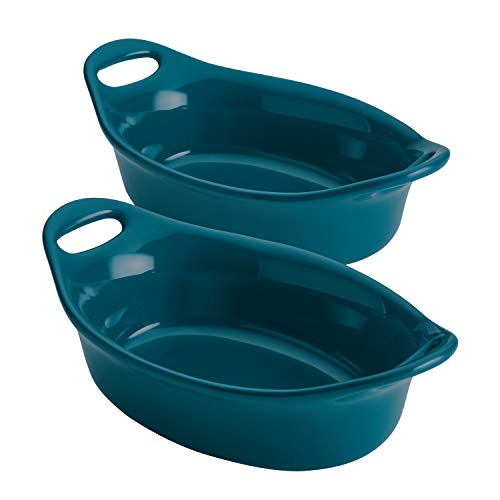 Rachael Ray Solid Glaze Ceramics Au Gratin Bakeware / Baker Set, Oval - 2 Piece, Teal