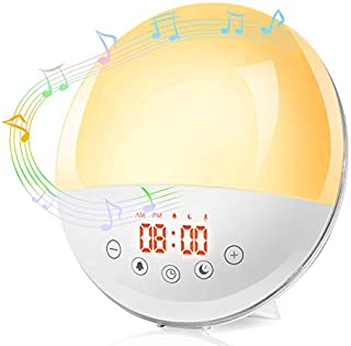 Wake Up Light Alarm Clock 7 Colored with Sunrise & Sunset Simulation ,Snooze Function ,FM Radio, Bedside Night Light ,8 Natural Sounds, 30 Adjustment Brightness for Kids Adults Bedroom