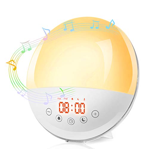 Wake Up Light Alarm Clock 7 Colored with Sunrise & Sunset Simulation ,Snooze Function ,FM Radio, Bedside Night Light ,8 Natural Sounds, 30 Adjustment Brightness for Kids Adults Bedroom