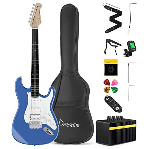 Donner DST-102T Solid Body 39 Inch Full Size Electric Guitar Kit Lake Blue, Beginner Starter, with Amplifier, Bag, Capo, Strap, String, Tuner, Cable, Picks