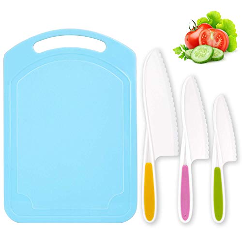 LEEFE 3 Pieces Kids Knife Set for Cooking, with Cutting Board, Safe Lettuce and Salad Knives, Kids Cooking Utensils in 3 Sizes & Colors, Serrated Edges, Plastic Safe Kitchen Knife