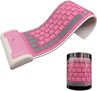 Meega Pink Wireless Silicone Keyboard, Foldable Waterproof Rollup Keyboard for Laptop/Notebook/iPad/Mobile Phone, USB Recharged