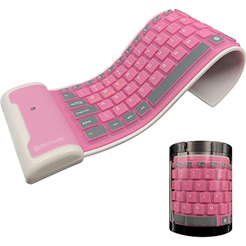 Meega Pink Wireless Silicone Keyboard, Foldable Waterproof Rollup Keyboard for Laptop/Notebook/iPad/Mobile Phone, USB Recharged