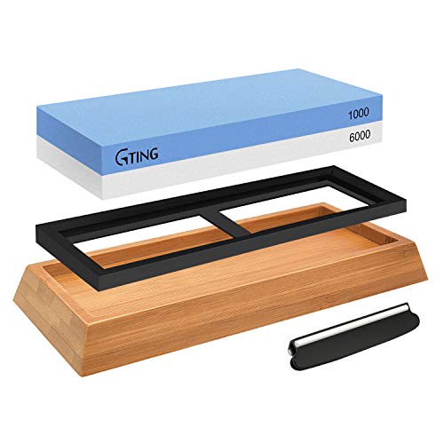 Whetstone Knife Sharpening Stone Set,G-TING 1000/6000 Grit Whetstone Sharpener Includes Non-Slip Angle Guide,Polishing Tool, Bamboo Base for Kitchen,Pocket Knives,Blades,Hunting