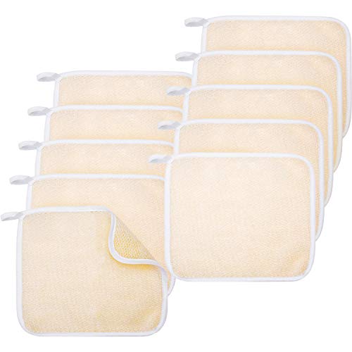 Exfoliating Face and Body Wash Cloths Towel 10 Pieces Soft Weave Bath Cloth 2 Sides Exfoliating Scrub Cloth Massage bath Cloth for Women and Man (Beige and White)