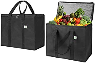 2 Pack Insulated Reusable Grocery Bag by VENO, Durable, Heavy Duty, Large Size, Stands Upright, Collapsible, Sturdy Zipper, Made by Recycled Material, Eco-Friendly (BLACK, 2)