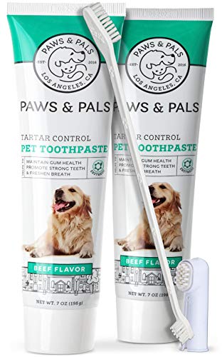 Paws & Pals Dog Toothbrush - Pet Dental Care Kit with Brush, Tooth-Paste & Dual Finger Brush - Teeth Cleaning Set Best for Doggy, Cat, Puppy, Kitten - Beef Flavor - 7oz Tube - 2 Pack