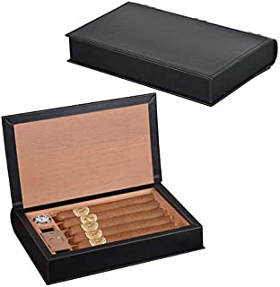 Volenx Cigar Humidor, Black Leather Travel Humidor Cedar Wood Box with Hygrometer & Humidifier Holds 5-10 Cigars