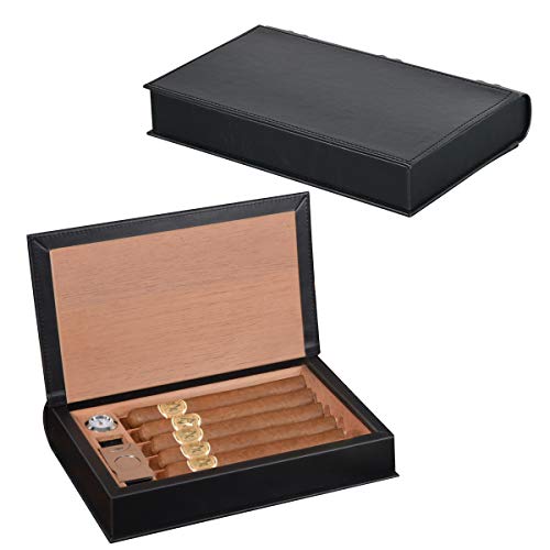 Volenx Cigar Humidor, Black Leather Travel Humidor Cedar Wood Box with Hygrometer & Humidifier Holds 5-10 Cigars