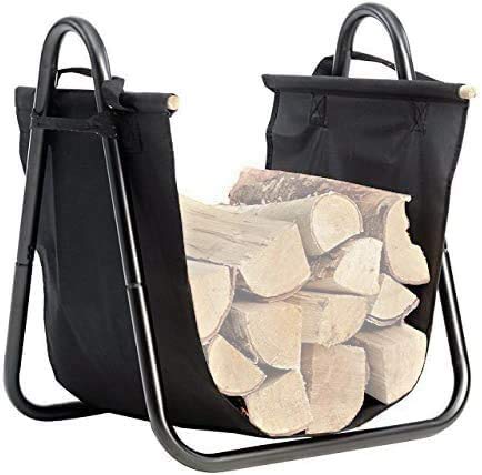 Amagabeli Fireplace Log Holder with Canvas Firewood Rack Indoor Tote Carrier Metal Wood Rack Black Firewood Holders Storage Heavy Duty Logs Stacker Basket with Handles Kindling Large Stove Accessories