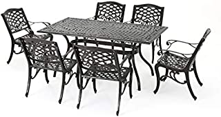 Christopher Knight Home Hallandale Outdoor Sarasota Cast Aluminum Rectangular Dining Set, 7-Pcs Set, Hammered Bronze