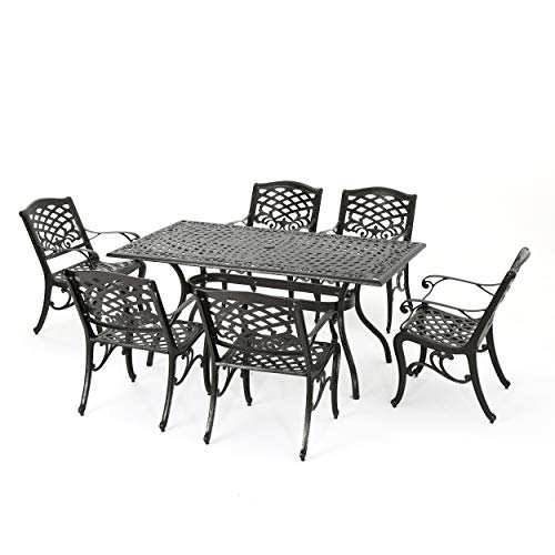 Christopher Knight Home Hallandale Outdoor Sarasota Cast Aluminum Rectangular Dining Set, 7-Pcs Set, Hammered Bronze