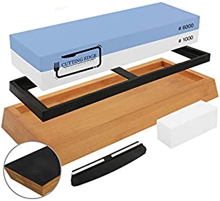 Cutting Edge Whetstones Knife Sharpening Stone 2 Side Grit 1000/6000 Waterstone | Chef knives Sharpener Stones Dual Sided Non Slip Bamboo Base | Angle Guide Flattening Water Stone for Home Kitchen