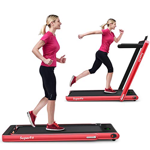 GYMAX Under Desk Treadmill, Foldable Multifunctional Running Treadmill/Flat Walking Machine, Portable Electric Motorized Running Machine with Bluetooth Speakers, Remote Controller for Home/Gym (Red)