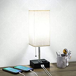 Table Lamp with USB Port,Cotanic Bedside Lamp with Charging Ports&3-Prong AC Outlet,Modern Lamps for Bedroom,Nightstand Lamp with Pull Chain,Fabric Linen Shade,5000K Daylight Light Bulb Included