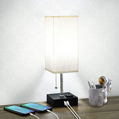 Table Lamp with USB Port,Cotanic Bedside Lamp with Charging Ports&3-Prong AC Outlet,Modern Lamps for Bedroom,Nightstand Lamp with Pull Chain,Fabric Linen Shade,5000K Daylight Light Bulb Included