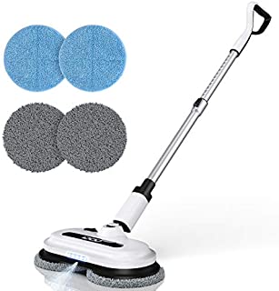 Cordless Electric Spin Mop, Floor Cleaner with Built-in 300ml Water Tank, Polisher for Hard Wood & Tile & Laminate & Marble Floors, Scrubber and Spray Mop with 4 Mop Pads, Detachable Battery, LED Headlight