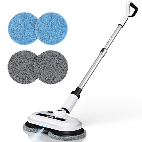 Cordless Electric Spin Mop, Floor Cleaner with Built-in 300ml Water Tank, Polisher for Hard Wood & Tile & Laminate & Marble Floors, Scrubber and Spray Mop with 4 Mop Pads, Detachable Battery, LED Headlight