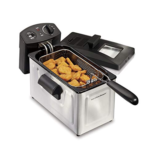 Hamilton Beach Electric Deep Fryer, Frying Basket with Hooks, 12 Cups / 3 Liters Oil Capacity Professional Grade, 1500 Watts, With Viewing Window, Stainless Steel