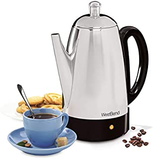 West Bend 54159 Classic Stainless Steel Electric Coffee Percolator with Heat Resistant Handle and Base Features Detachable Cord, 12-cup, Silver