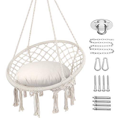 Y- STOP Hammock Chair Macrame Swing, Max 330 Lbs, Hanging Cotton Rope Hammock Swing Chair for Indoor and Outdoor Use (Beige)