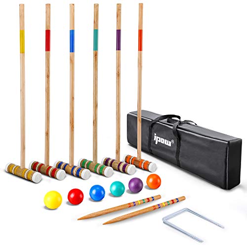 IPOW 32 Inch Six Player Croquet Set with Premium Hardwood Mallets, Colored Wooden Balls, Wickets, Stakes, Carry Bag for Both Adults & Kids Use - Outdoor Sports Yard Lawn Backyard Game Set