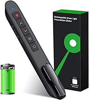 DinoFire Presentation Clicker Wireless Presenter Remote with Green Light, Rechargeable PowerPoint Clicker,RF 2.4GHz Presentation Pointer Slide Advancer with Hyperlink Volume Control