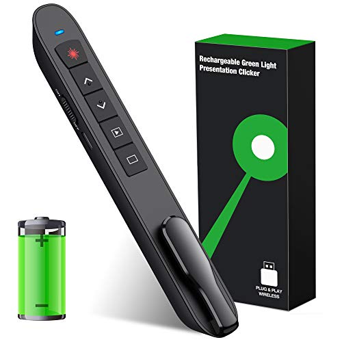 DinoFire Presentation Clicker Wireless Presenter Remote with Green Light, Rechargeable PowerPoint Clicker,RF 2.4GHz Presentation Pointer Slide Advancer with Hyperlink Volume Control