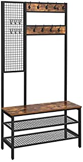 VASAGLE ALINRU Hall Tree, Coat Rack, Coat Stand with Grid Wall, Shoe Rack, 2 Mesh Shelves, 15 Hooks, 72.8-Inch Tall, Large Storage Space, Easy to Assemble, Industrial Style, Rustic Brown UHSR98BX