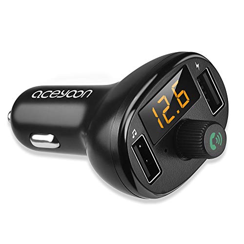 aceyoon FM Transmitter Dual USB Car Charger FM Transmitter Bluetooth 5.0 Max 3.4A Car Voltmeter Voltage LED Display Wireless FM Radio Receiver Car Kit for Android & iOS Devices