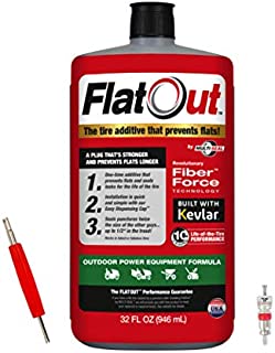 FlatOut Tire Sealant (Outdoor Power Equipment Formula), Great for Lawn Mowers, Small Tractors, Wheelbarrows, Woodchippers, Snow Blowers and More, 32-Ounce with Valve Core Tool and Replacement, 1-Pack