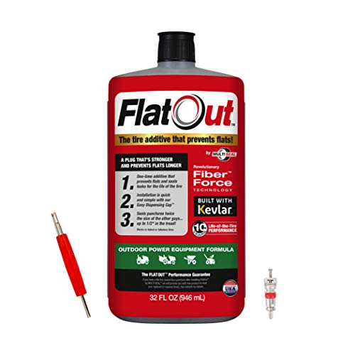 FlatOut Tire Sealant (Outdoor Power Equipment Formula), Great for Lawn Mowers, Small Tractors, Wheelbarrows, Woodchippers, Snow Blowers and More, 32-Ounce with Valve Core Tool and Replacement, 1-Pack