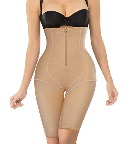 Nebility Women Waist Trainer Shapewear Zipper & Hook Body Shaper Shorts High Waist Butt Lifter Comfort Thigh Slimmer (L, Beige)