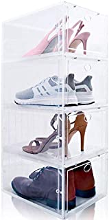 Drop Front Shoe Box, Set of 4, Stackable, for Men and Women - Clear, Plastic Shoes Storage Boxes for Sneaker, Heel, Sandal - space-saving closet organizer Shoe Container for shoe box organization