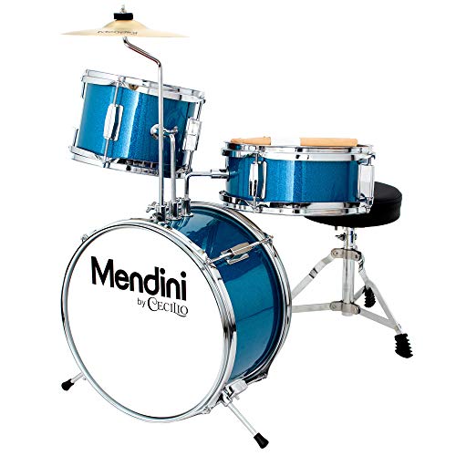 Mendini by Cecilio 13 inch 3-Piece Kids/Junior Drum Set with Throne, Cymbal, Pedal & Drumsticks (Blue Metallic)