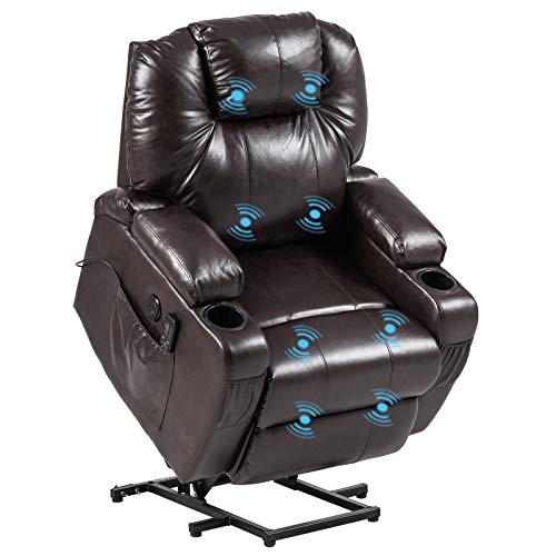 VINGLI Power Lift Recliner Chair for Elderly Electric Lift Chair with Massage,Faux Leather Massage Recliner Chair for Living Room,USB Charge Port,Side Pockets,Cup Holders,Hidden Armrest Storage