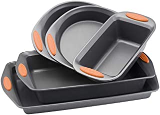 Rachael Ray 55673 Nonstick Bakeware Set with Grips includes Nonstick Bread Pan, Baking Pans and Cake Pans - 5 Piece, Gray with Orange Grips