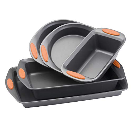 Rachael Ray 55673 Nonstick Bakeware Set with Grips includes Nonstick Bread Pan, Baking Pans and Cake Pans - 5 Piece, Gray with Orange Grips