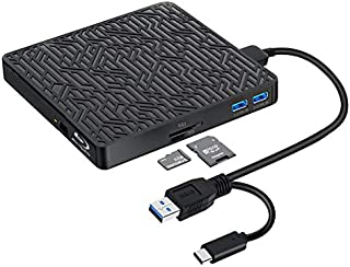 5 in 1 External Blu ray DVD Drive, USB3.0 type-C 3D Bluray Drive Player CD DVD Drive Burner with SD/TF Card Reader USB3.0 Hubs Compatible with Windows XP/7/8/10 MacOS, Linux for MacBook Laptop Desktop