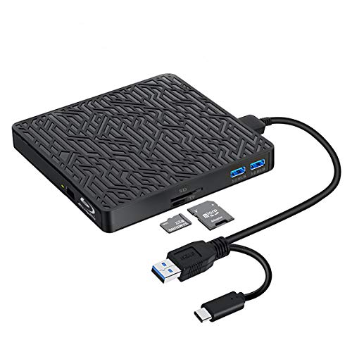 5 in 1 External Blu ray DVD Drive, USB3.0 type-C 3D Bluray Drive Player CD DVD Drive Burner with SD/TF Card Reader USB3.0 Hubs Compatible with Windows XP/7/8/10 MacOS, Linux for MacBook Laptop Desktop