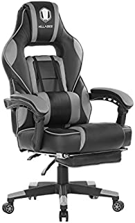 KILLABEE Massage Gaming Chair High Back PU Leather PC Racing Computer Desk Office Swivel Recliner with Retractable Footrest and Adjustable Lumbar Support, Gray/Black