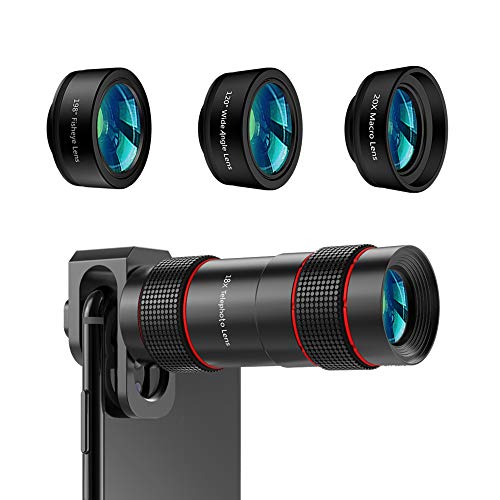 Phone Camera Lens - [Upgraded Version] AIKEGLOBAL iPhone Lens 4 in 1, 18X Zoom Telephoto Phone Lens, 120°Super Wide Angle Lens, 20x Macro Lens & 198°Fisheye Lens for iPhone X XS 8 Samsung & Andriod