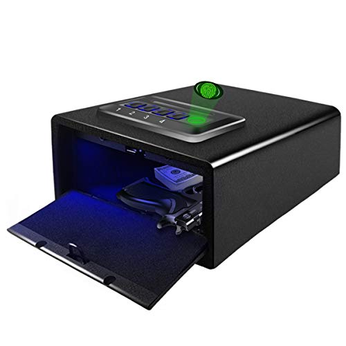 JUGREAT Gun Safe for Pistols with Sensor Light, Pistol Safe Quick-Access with Fingerprint Identification, Hand Gun Safe With Biometric Lock and Digital Key Pad, Anchoring Design for Home Office Or Cabinet