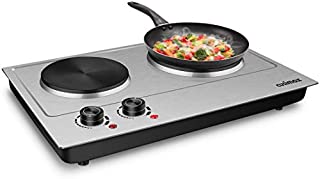 CUSIMAX 1800W Double Hot Plate, Stainless Steel Silver Countertop Burner Portable Electric Double Burners Electric Cast Iron Hot Plates Cooktop, Easy to Clean, Upgraded Version C180N