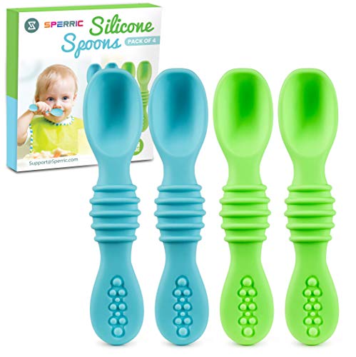 Silicone Baby Spoons for Baby Led Weaning 4-Pack, First Stage Baby Feeding Spoon Set Gum Friendly BPA Lead Phthalate and Plastic Free, Great Gift Set (Blue)