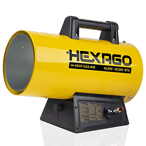 HEXAGO - 60,000 BTU Adjustable Portable Liquid Propane Gas Forced Air Heater, Height Adjustable, CSA Listed, Yellow, Heating up to 1,500 sqft