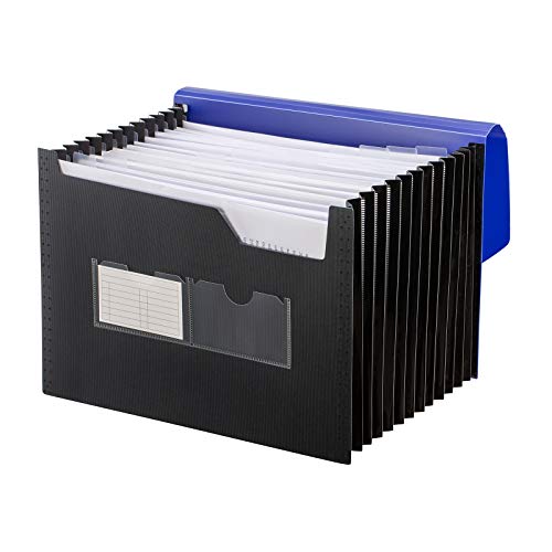 Sooez Sturdy Expanding File Folder with Sticky Labels, 13 Pockets Stand-up Accordion File Folder Desk Letter A4 Paper Document Organizer with Adjustable Buckle, 1 Pack, Dark Blue